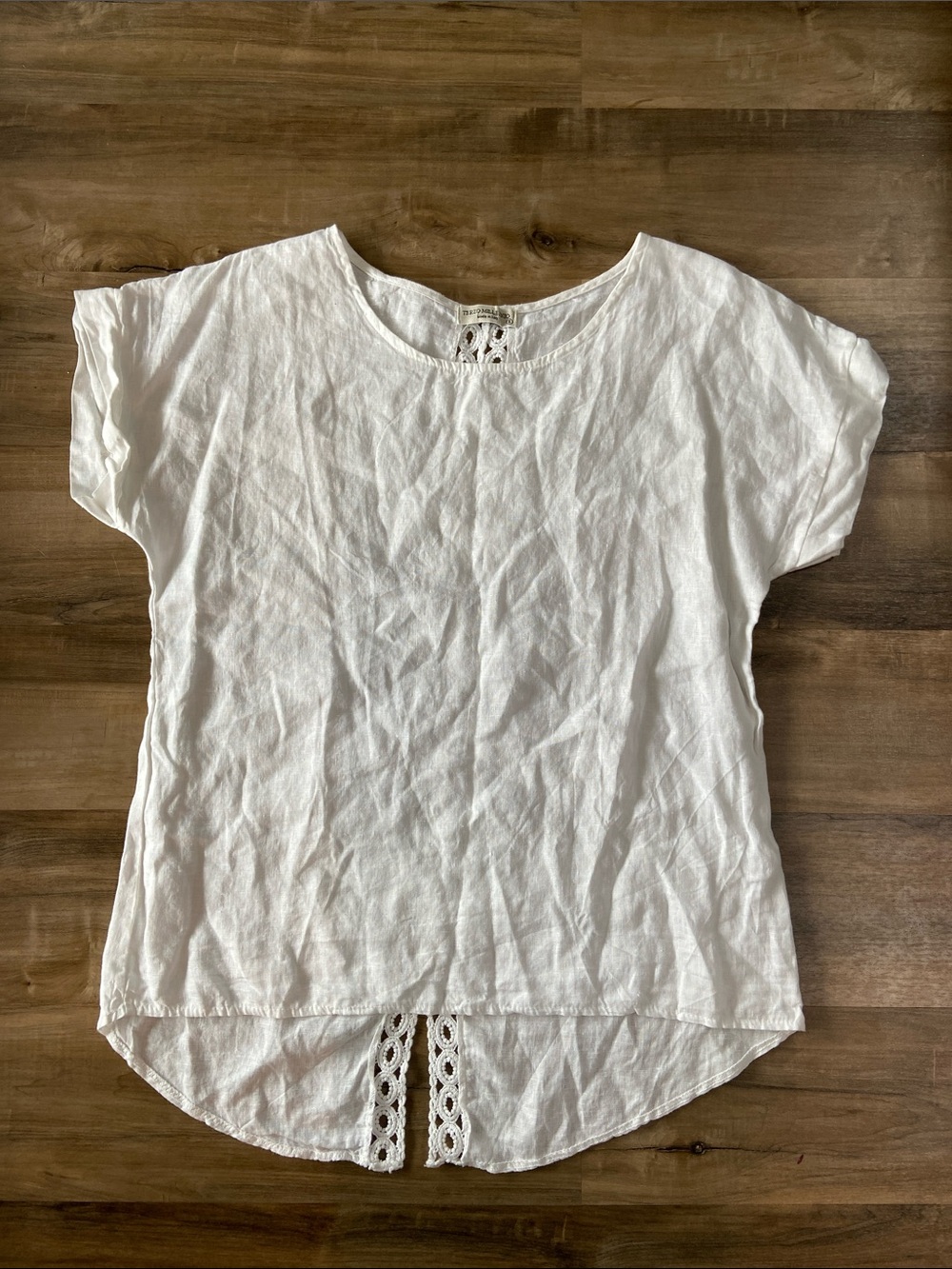 White Short Sleeve Linen Blend Top with Crochet Detail